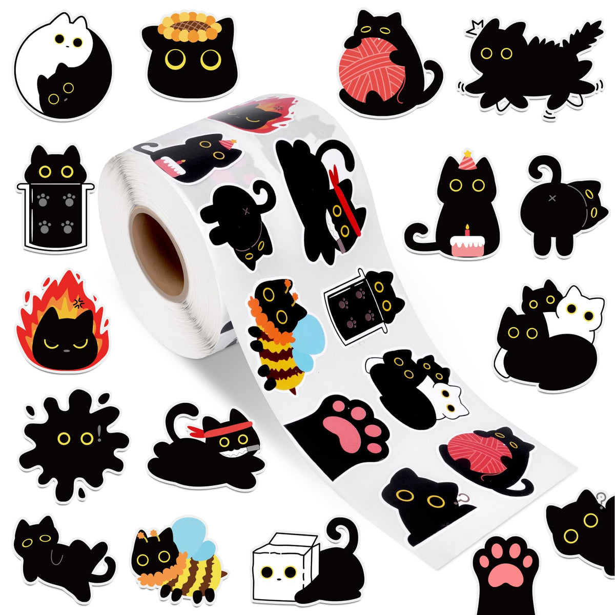 FVNPIHAM black cat stickers roll with 16 patterns, versatile for bottles, laptops, and scrapbooks