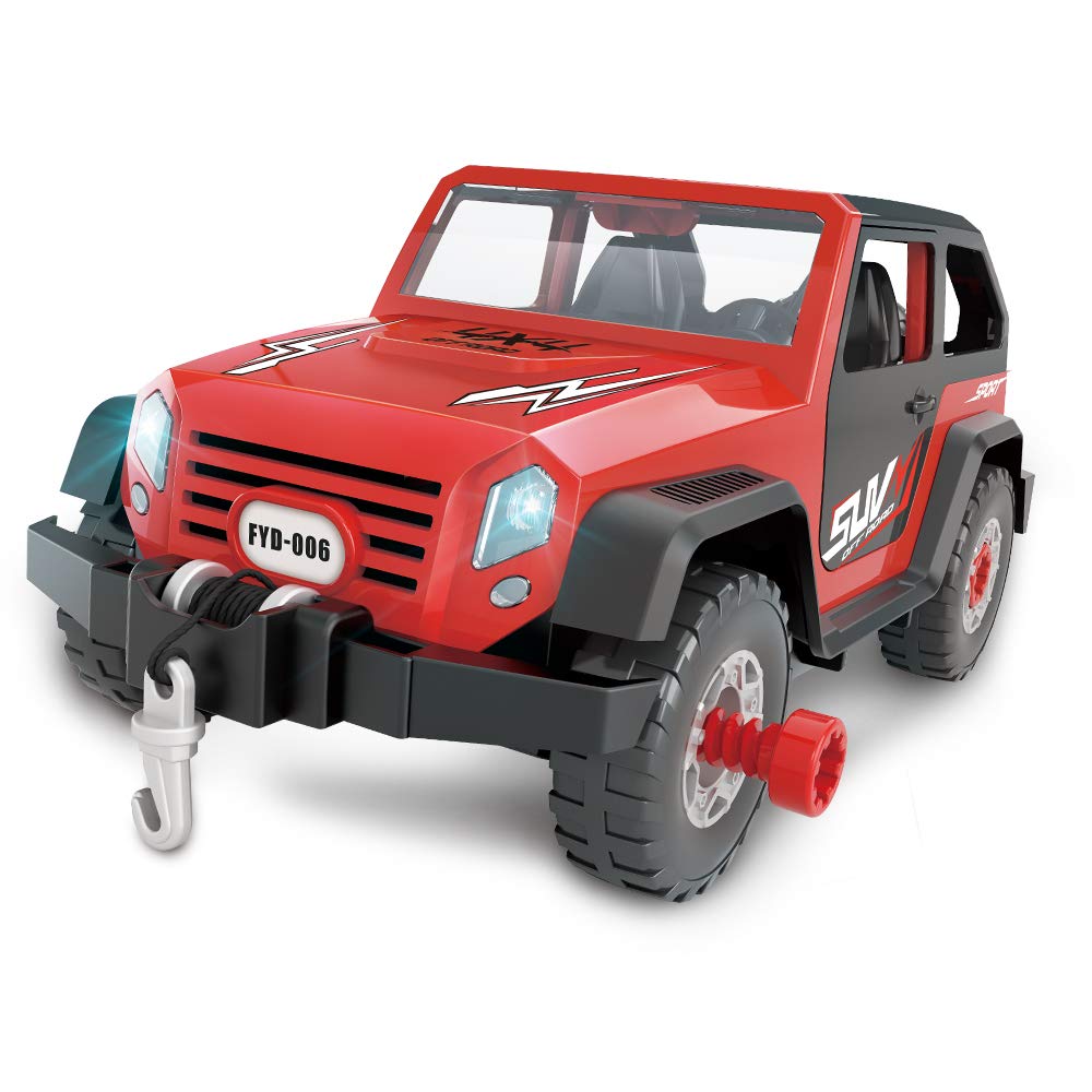 FYD Jeep SUV Police car assembly shows kids building together.