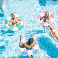 FYSUIMU summer party setup with striped floats adding color and conversation starters.