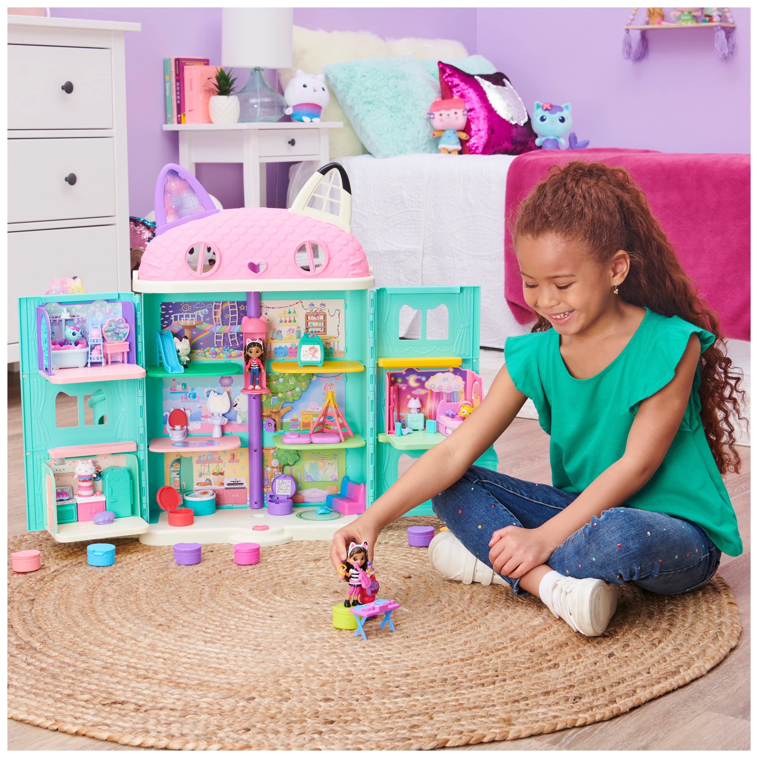 Gabby's Dollhouse turntable furniture with spinning discs inspires pretend music.