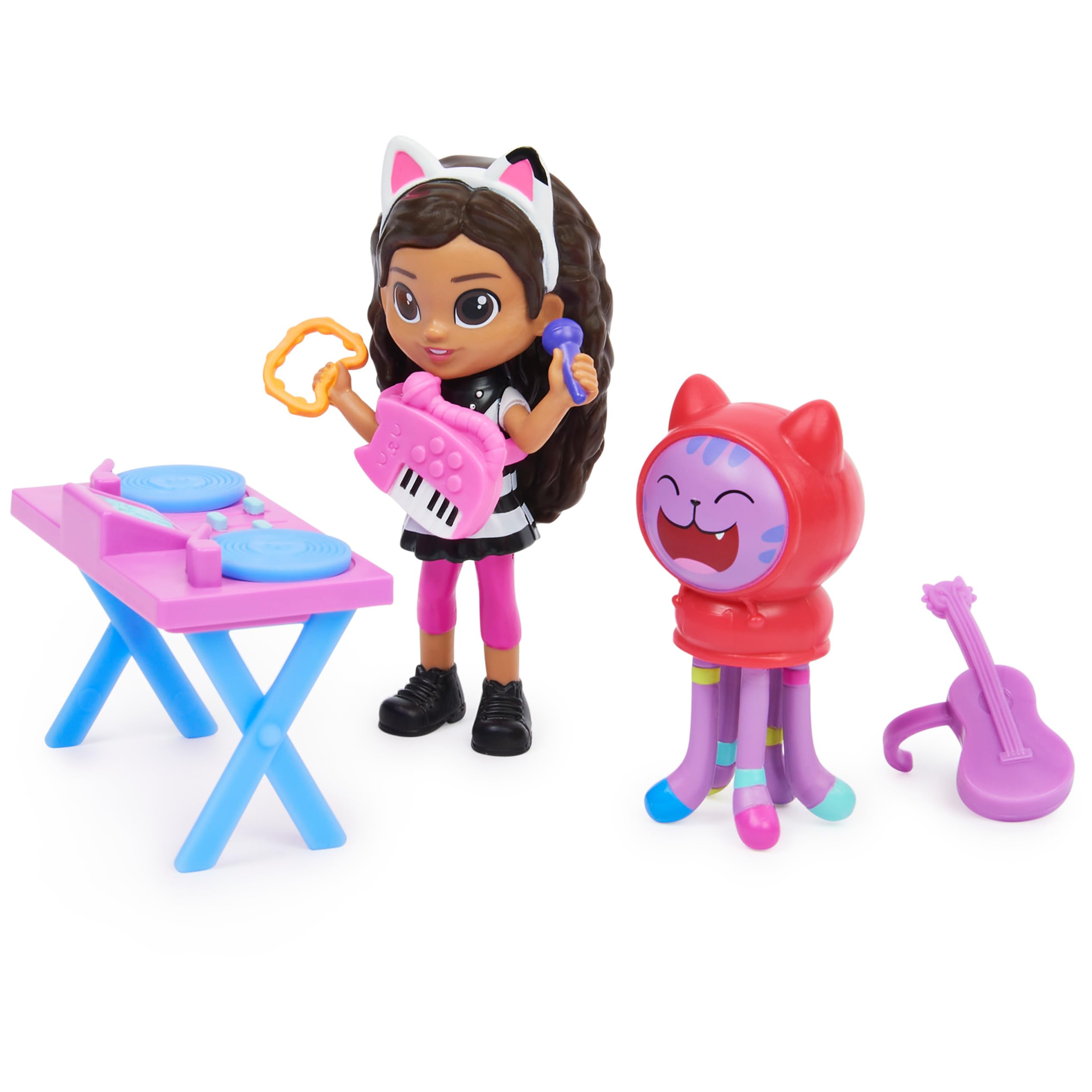 Gabby's Dollhouse rotating kitty records on the DJ turntable.