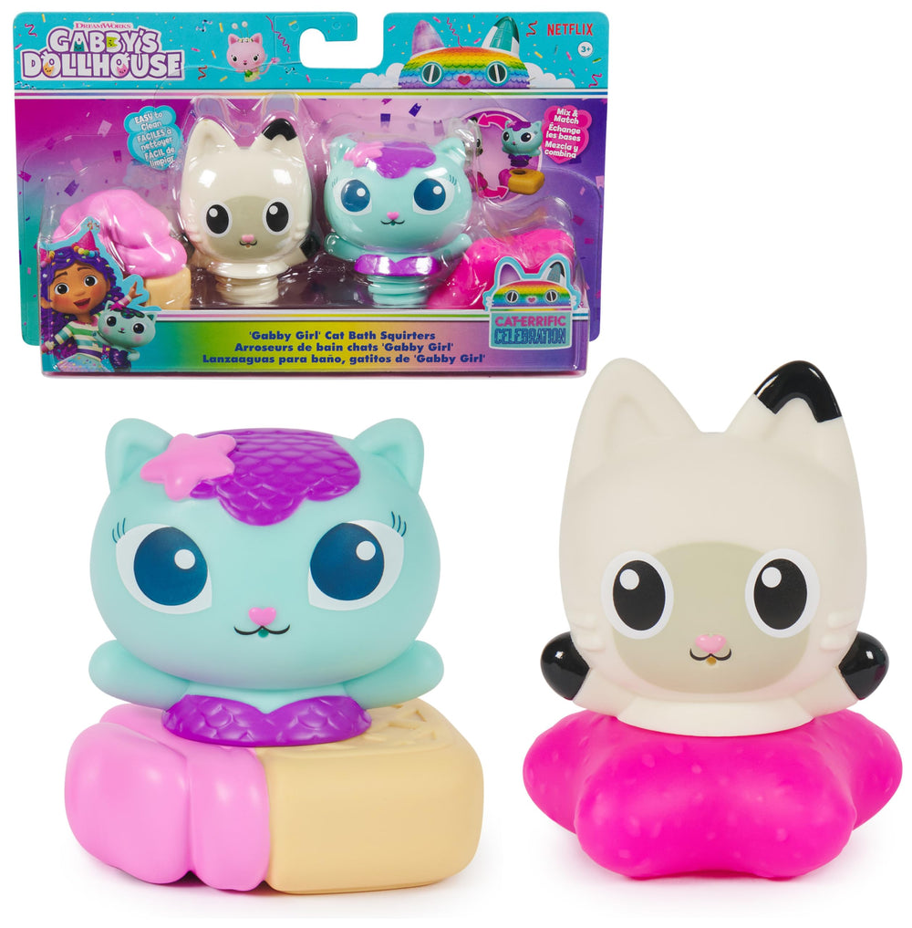 Gabby’s Dollhouse Mercat and Pandy Paws bath squirters for splashy, mess-free play in the tub.