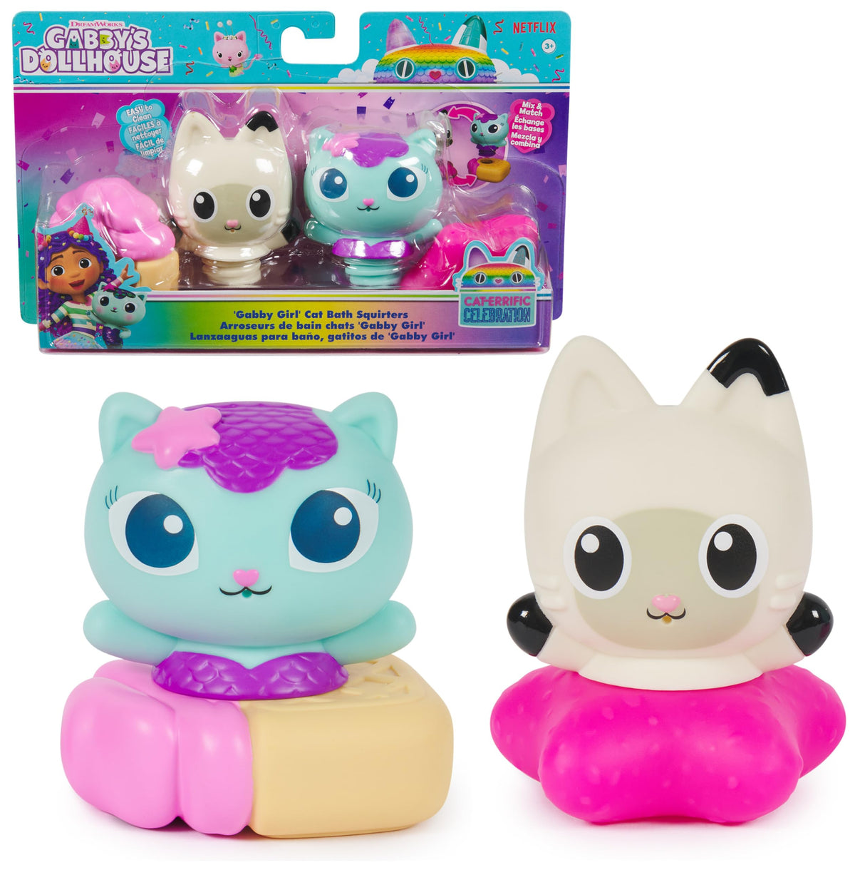 Gabby’s Dollhouse Mercat and Pandy Paws bath squirters for splashy, mess-free play in the tub.