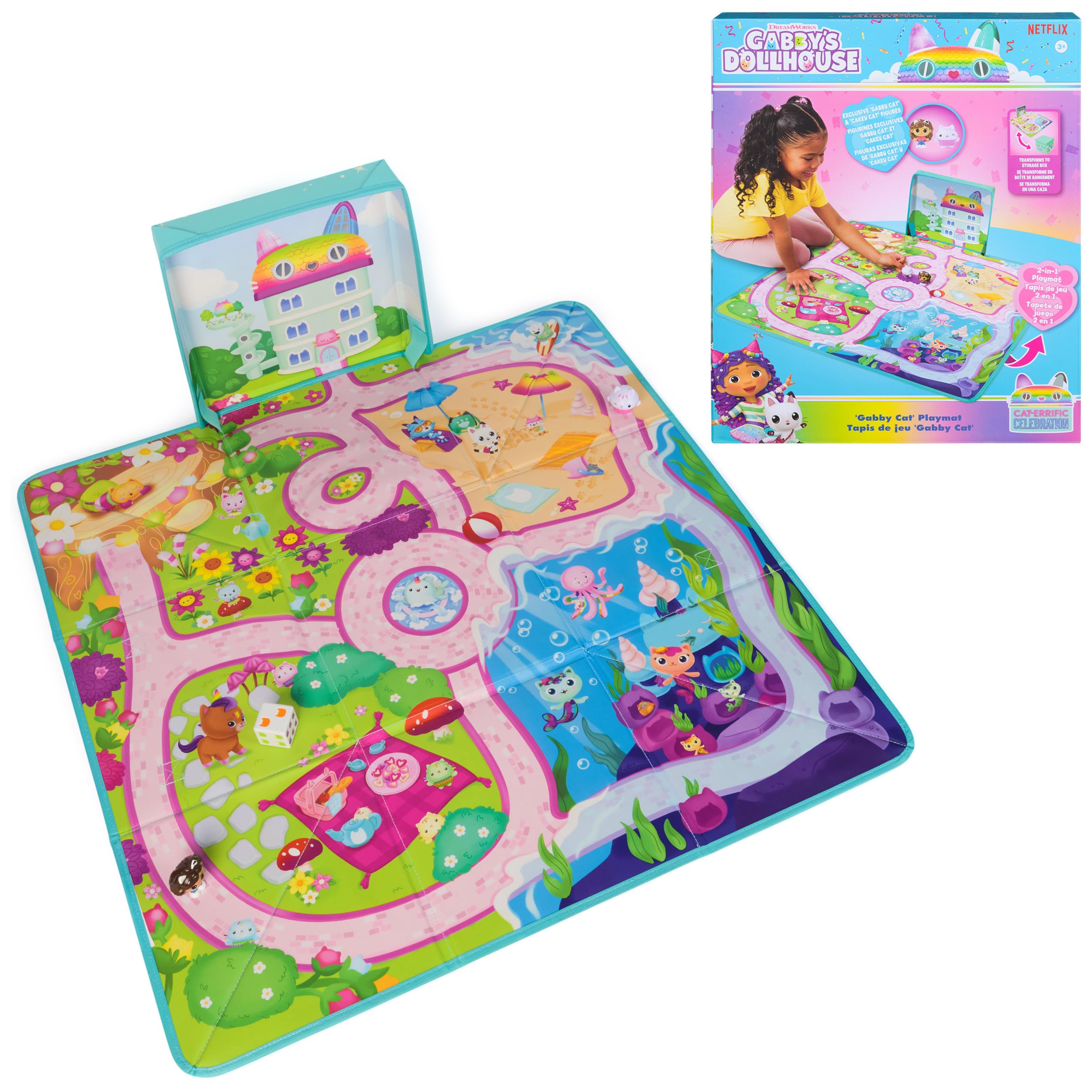 Gabby's Dollhouse playmat unfolded with vibrant art for imaginative play