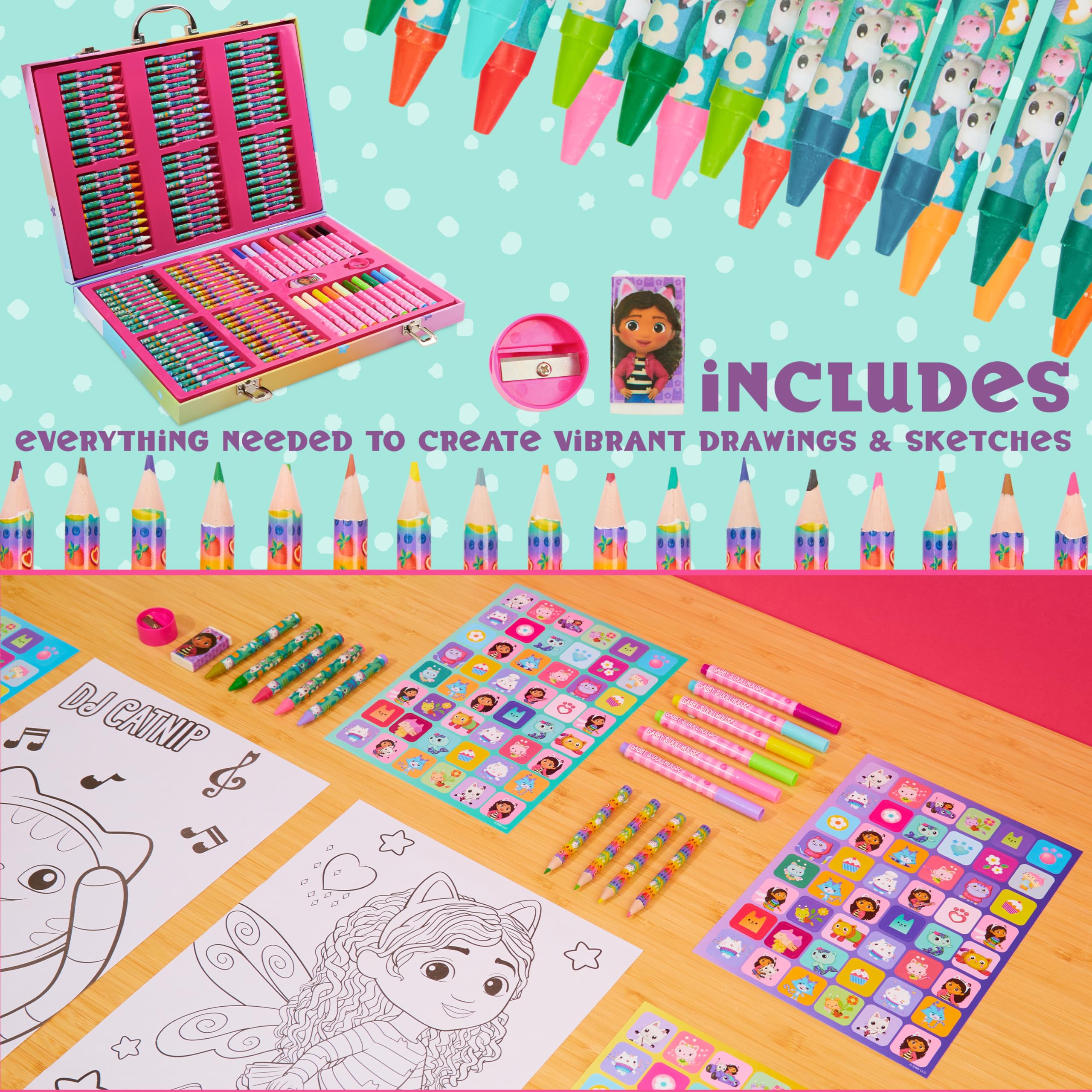 Gabby's Dollhouse crayons offer rich color blocks for playful art.