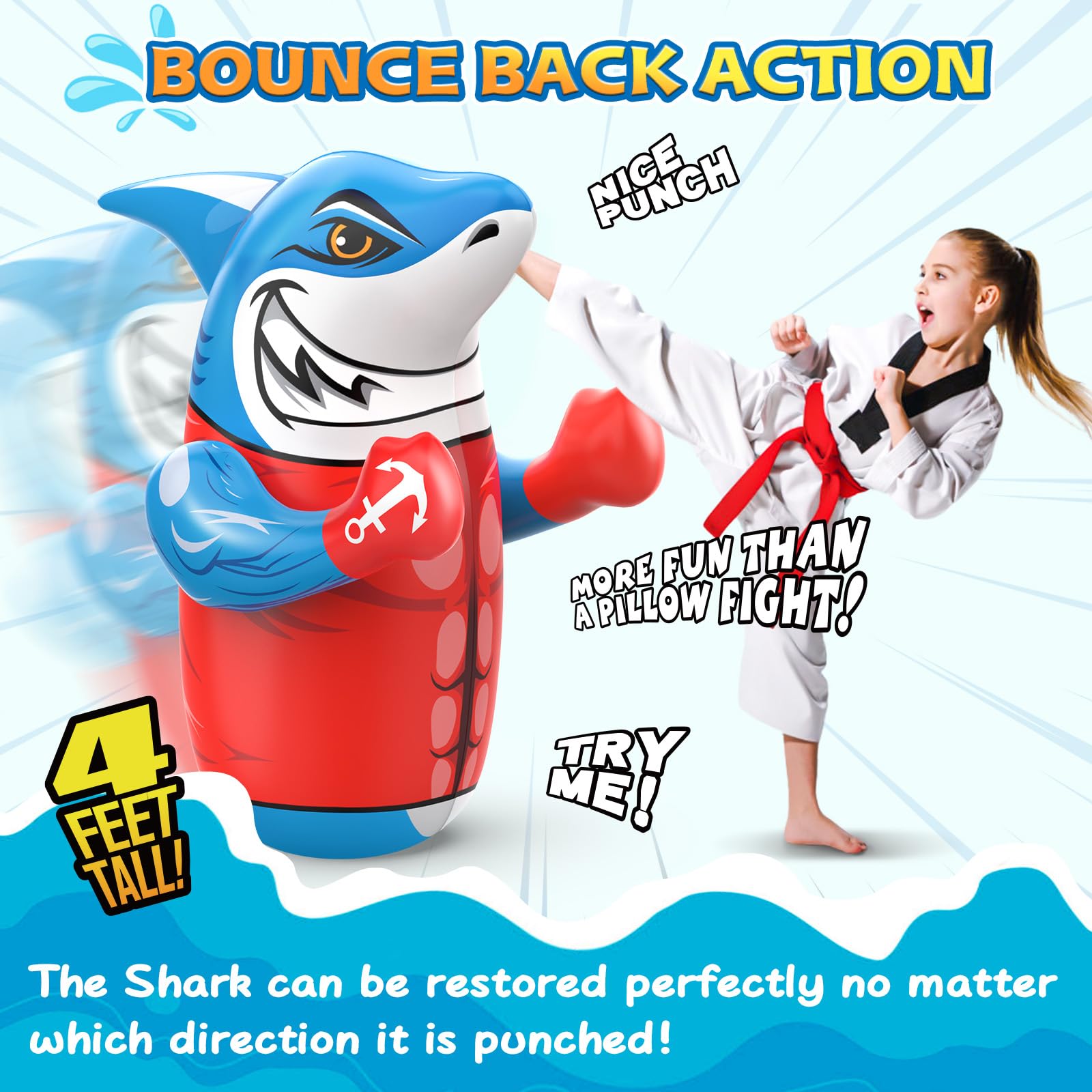Gadetouq Shark LED Bop Bag deflated storage demonstrates easy collapse and space-saving