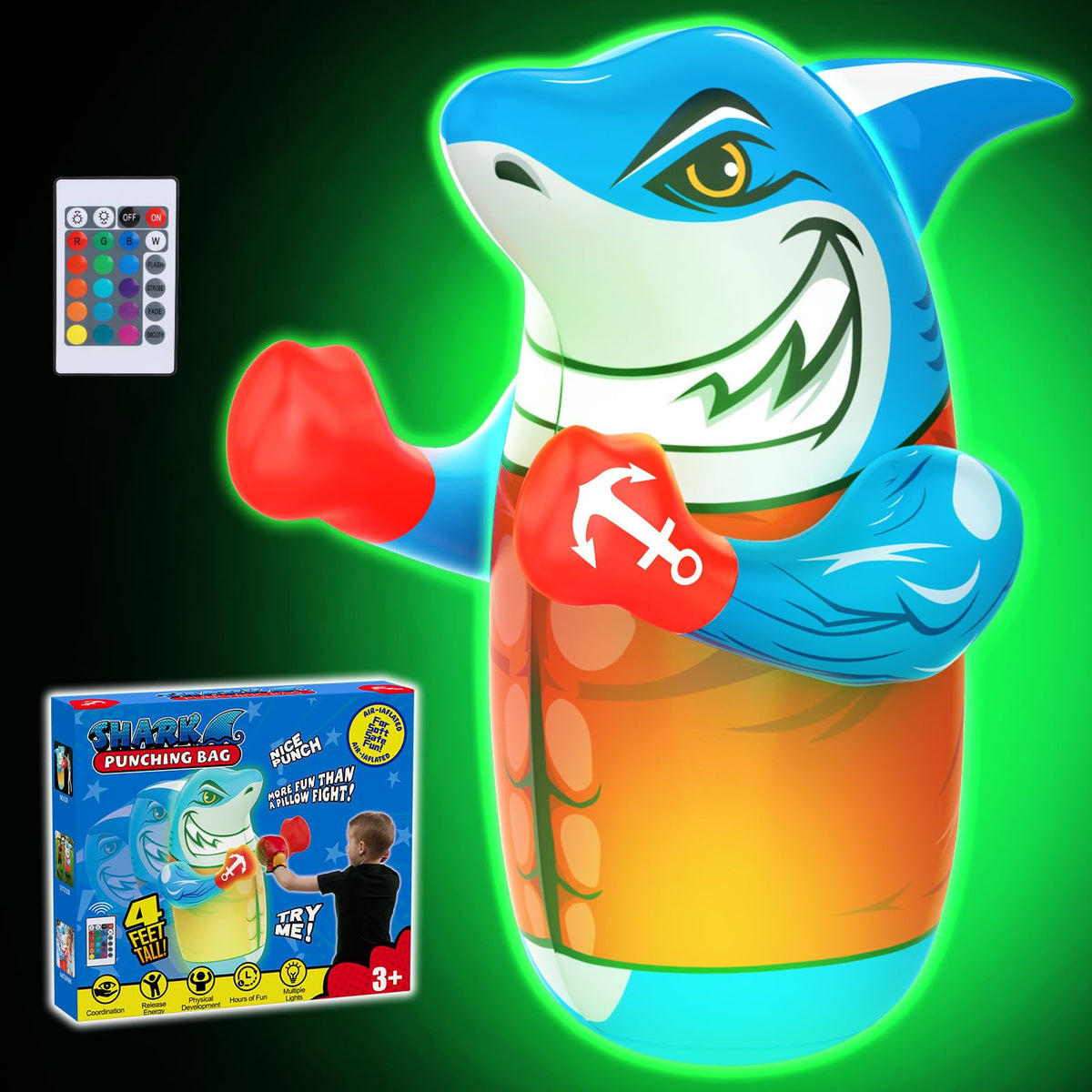 Gadetouq Shark LED Bop Bag front view shows durable design and glow for immersive play