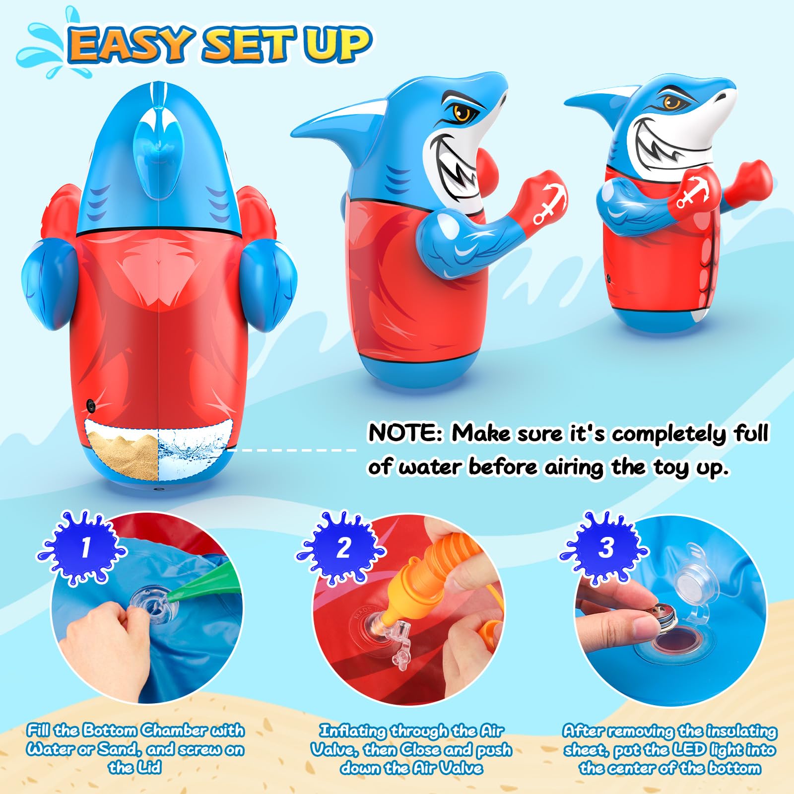 Gadetouq Shark LED Bop Bag glow in the dark enhances pool and party fun
