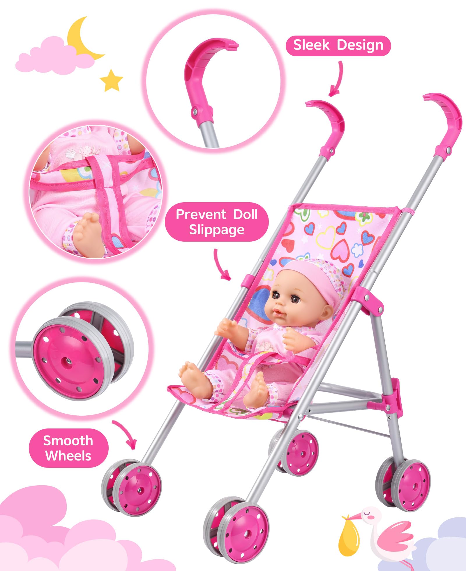 GAGAKU 12-inch doll in stroller highlights lifelike interaction for nurturing pretend play