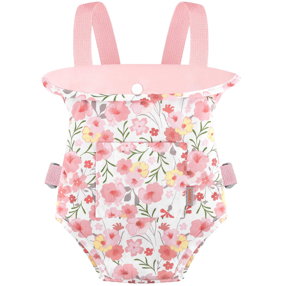 GAGAKU baby doll carrier in pink Rose of Sharon, front view for comfy doll transport