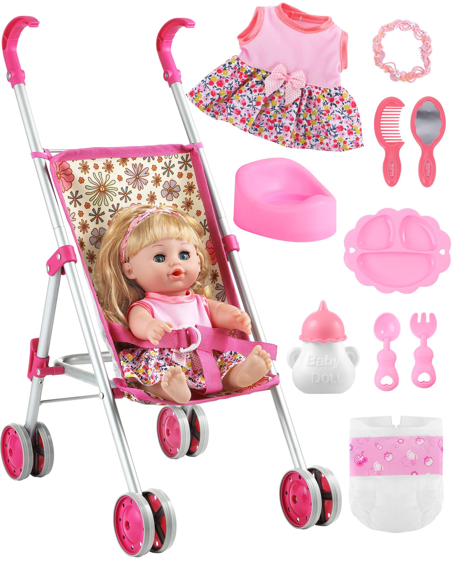 GAGAKU baby doll stroller front view shows smooth wheels for easy outdoor pushing.