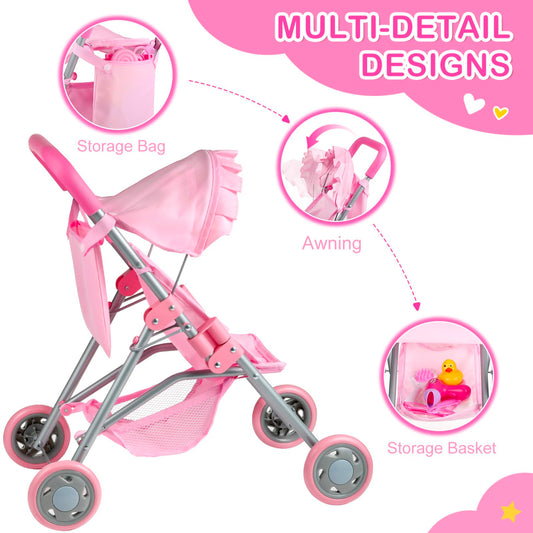 GAGAKU Baby Doll Stroller Pink Folded: compact for easy storage between play sessions.