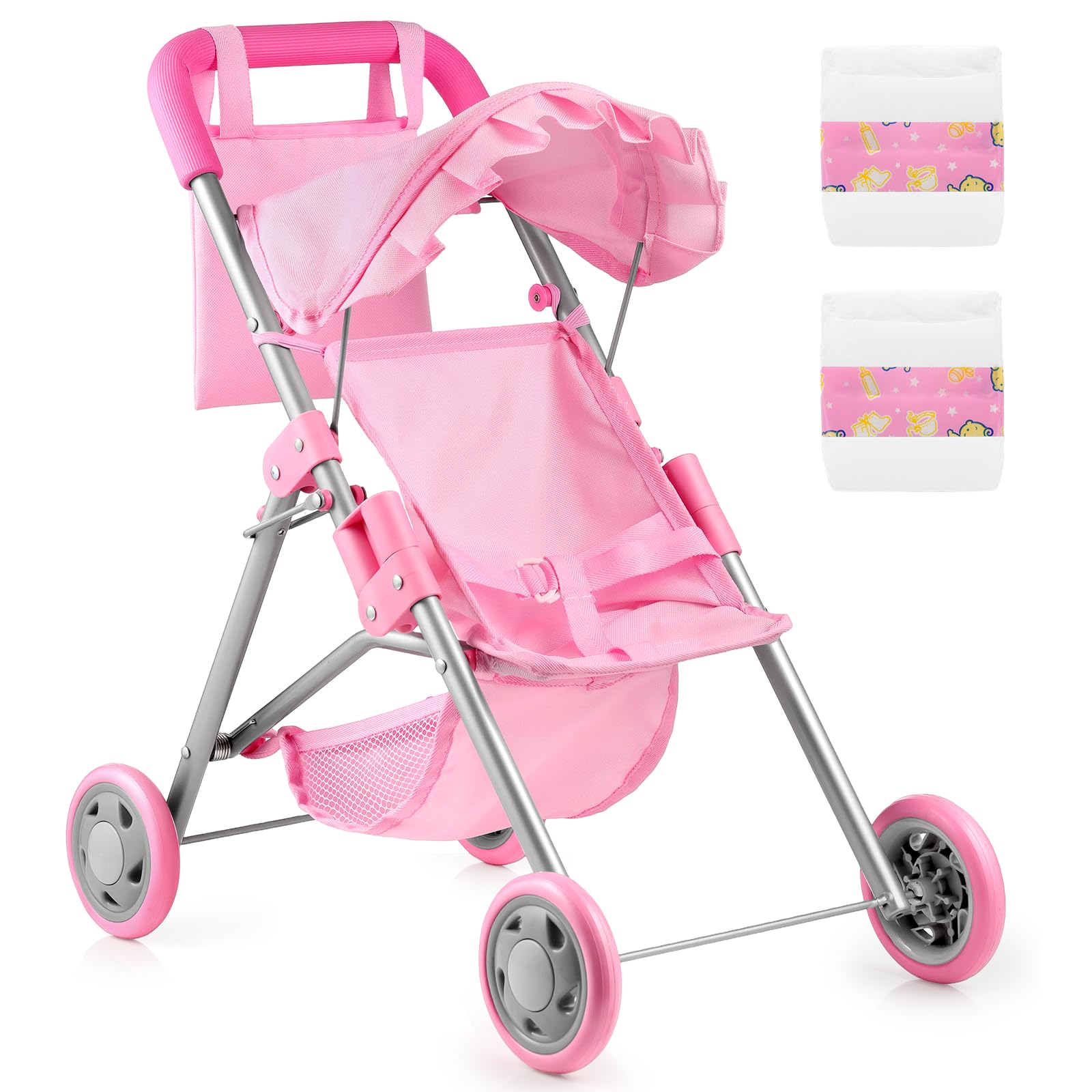 GAGAKU Baby Doll Stroller Pink Open: realistic design invites imaginative play with dolls.