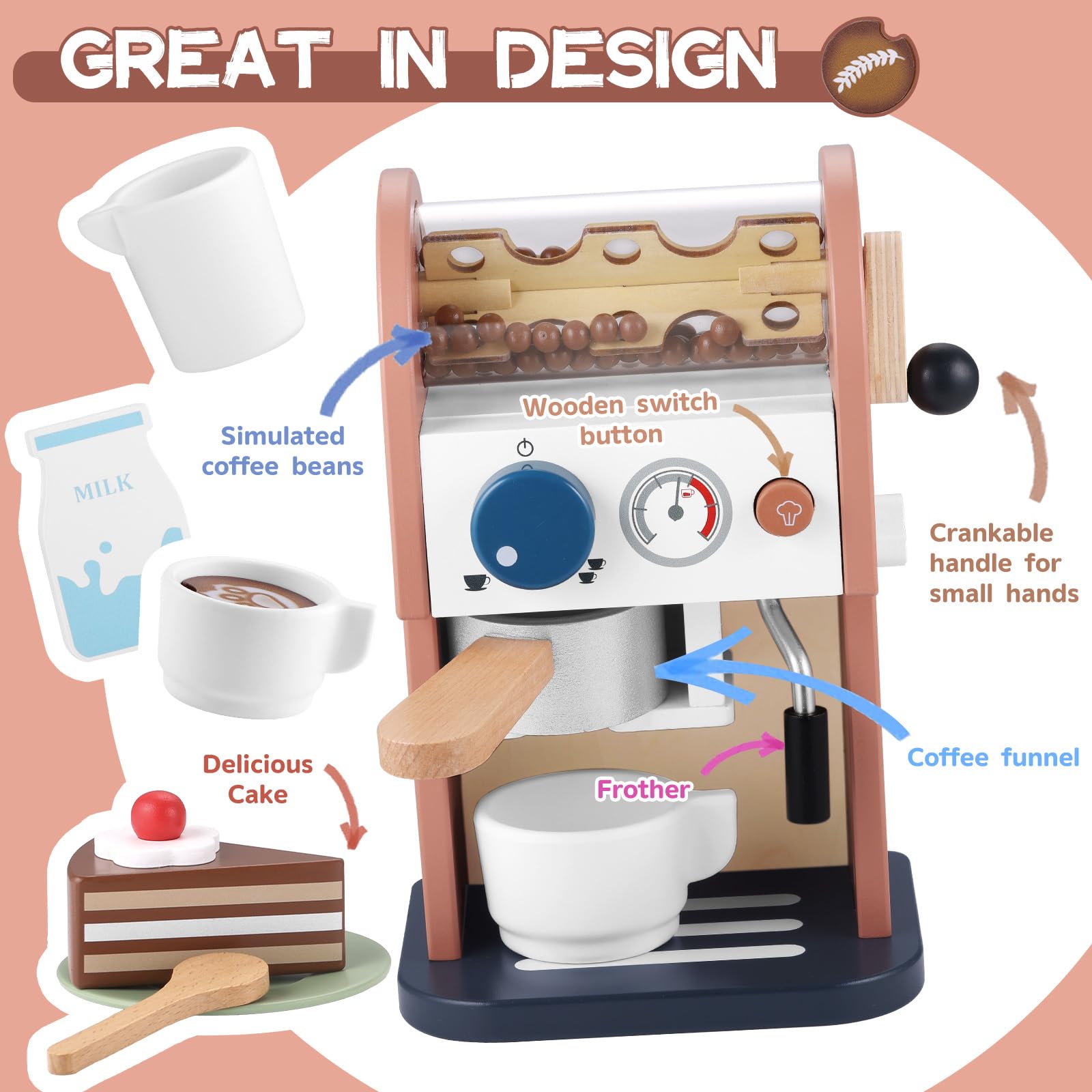 GAGAKU wooden coffee maker detail highlights smooth finish ideal for small hands.