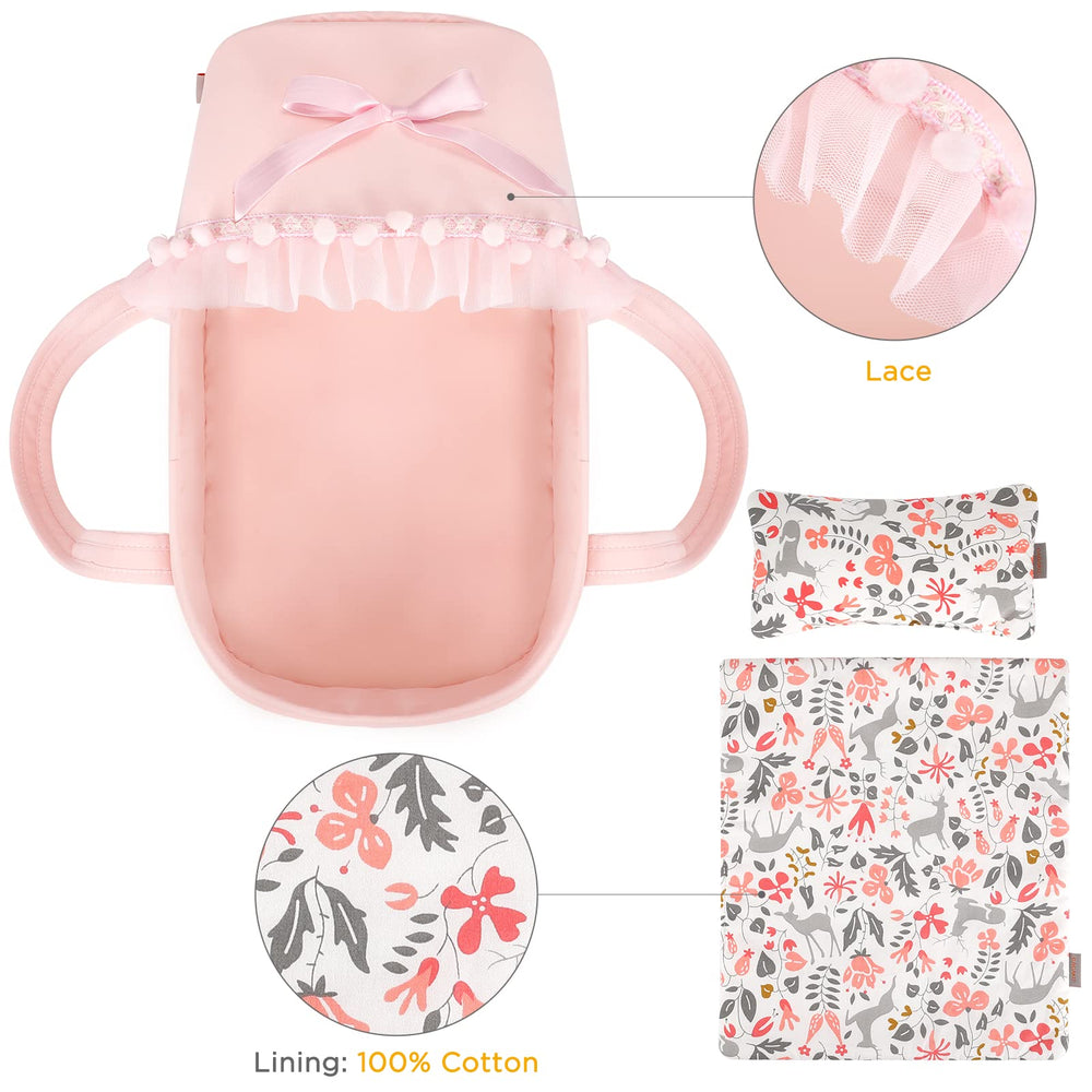 GAGAKU doll carry cot pink handles helps kids transport dolls easily.