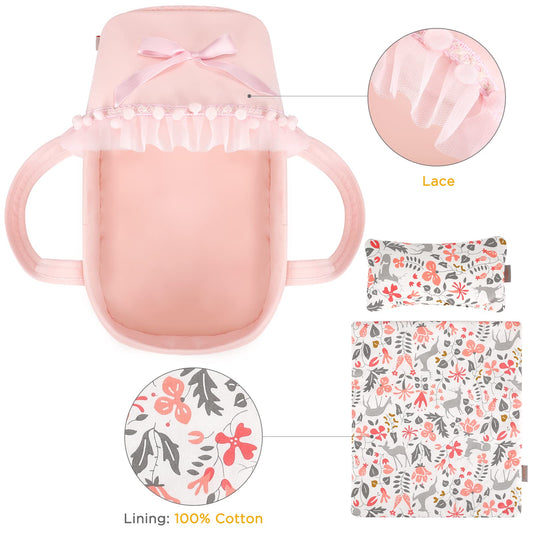 GAGAKU doll carry cot pink handles helps kids transport dolls easily.