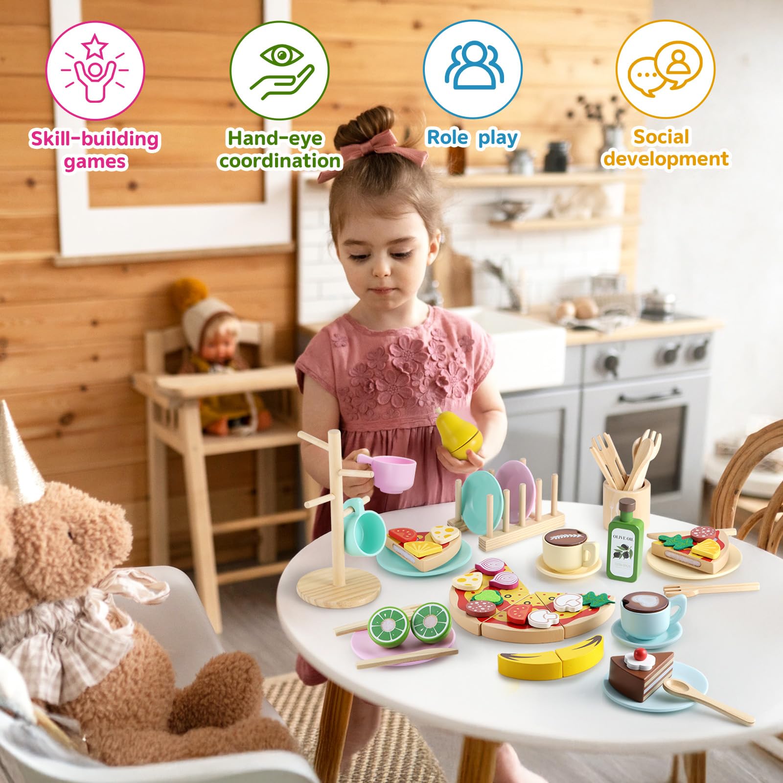 GAGAKU wooden play-dishes storage rack helps keep pretend kitchen organized.