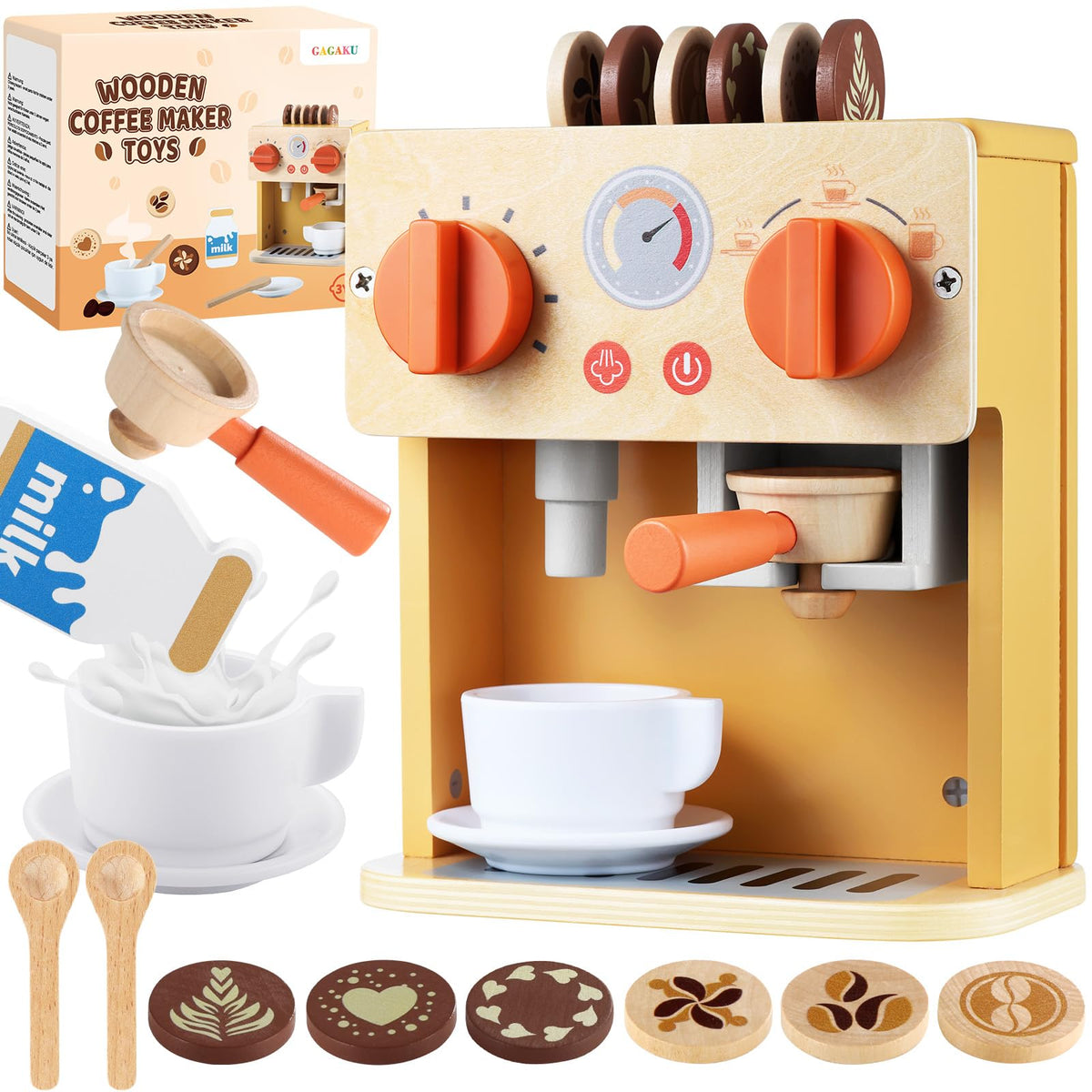 GAGAKU wooden coffee machine toy for kids in a pretend barista setup
