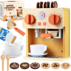 GAGAKU wooden coffee machine toy for kids in a pretend barista setup