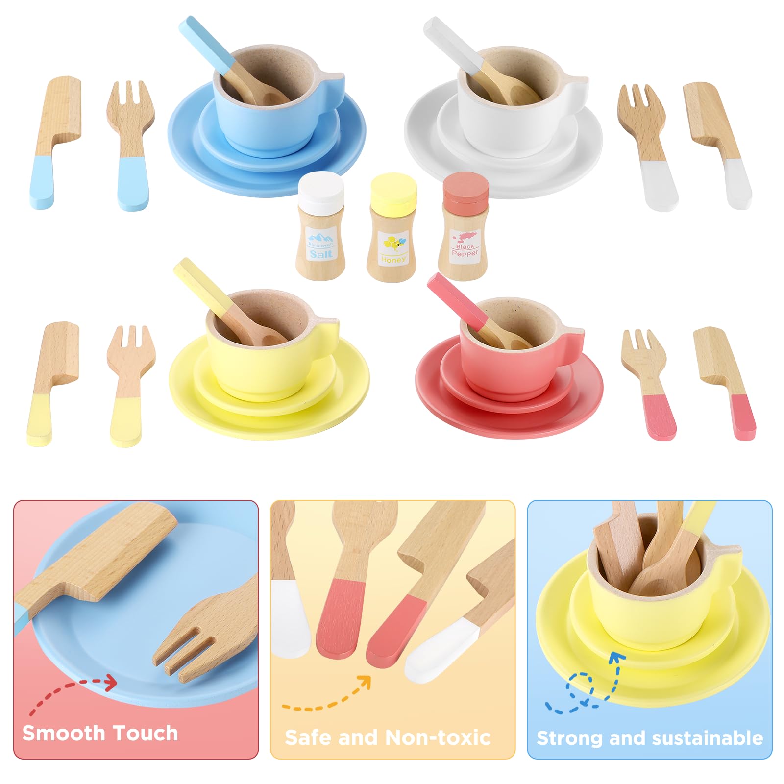 GAGAKU wooden plates and saucers, smooth edges for safe pretend meals.