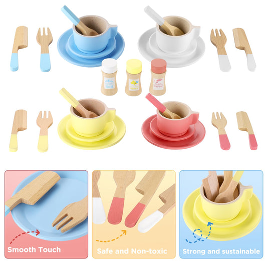 GAGAKU wooden plates and saucers, smooth edges for safe pretend meals.