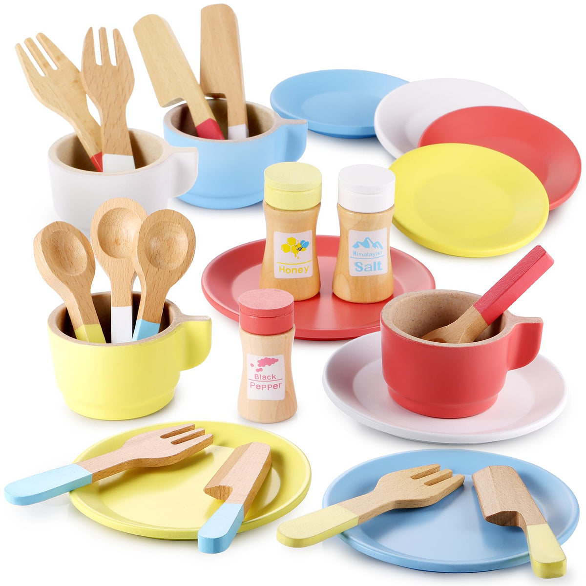 GAGAKU wooden play dishes close-up, durable wood, kid-friendly design.