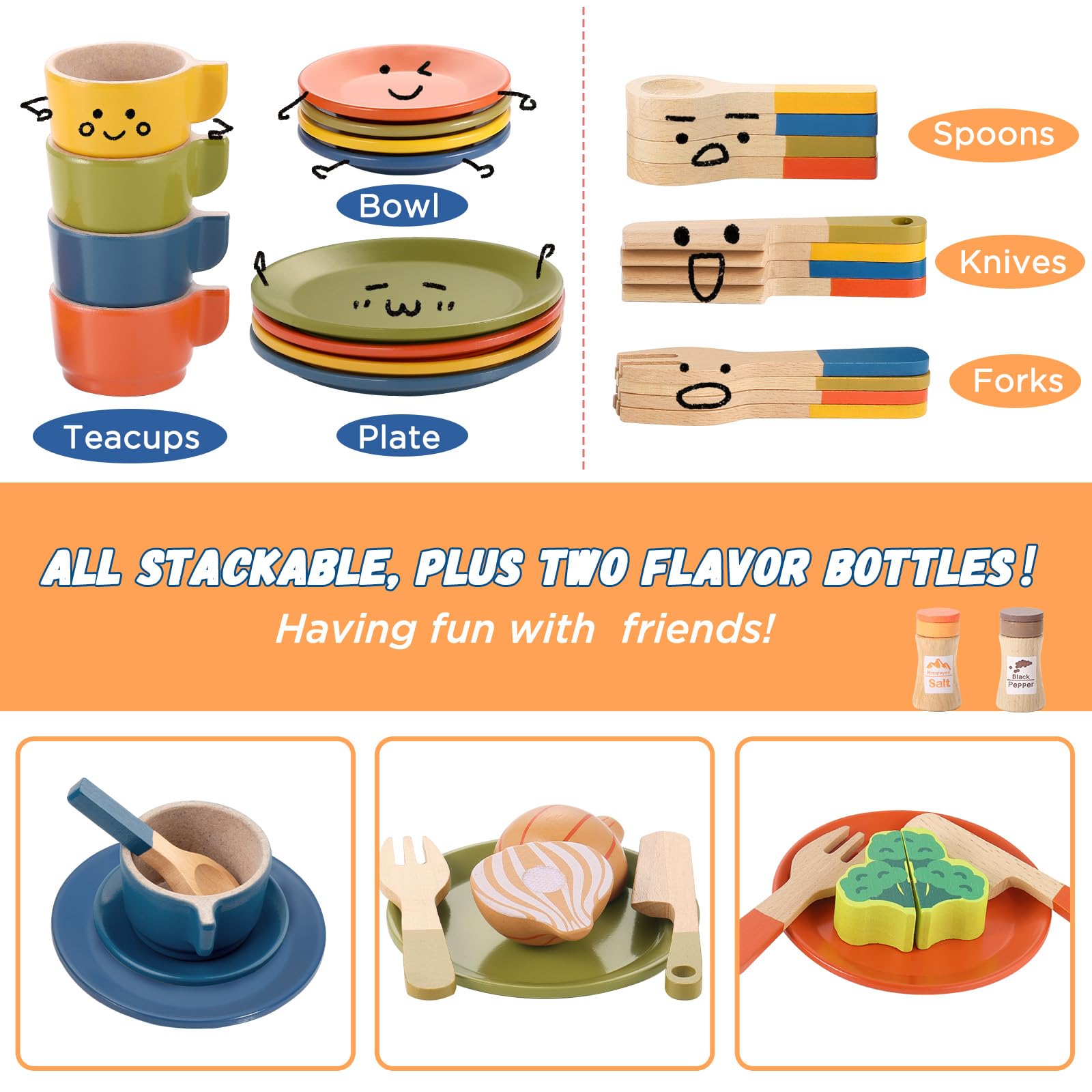 GAGAKU wooden play food saucers invite cooperative pretend dining.
