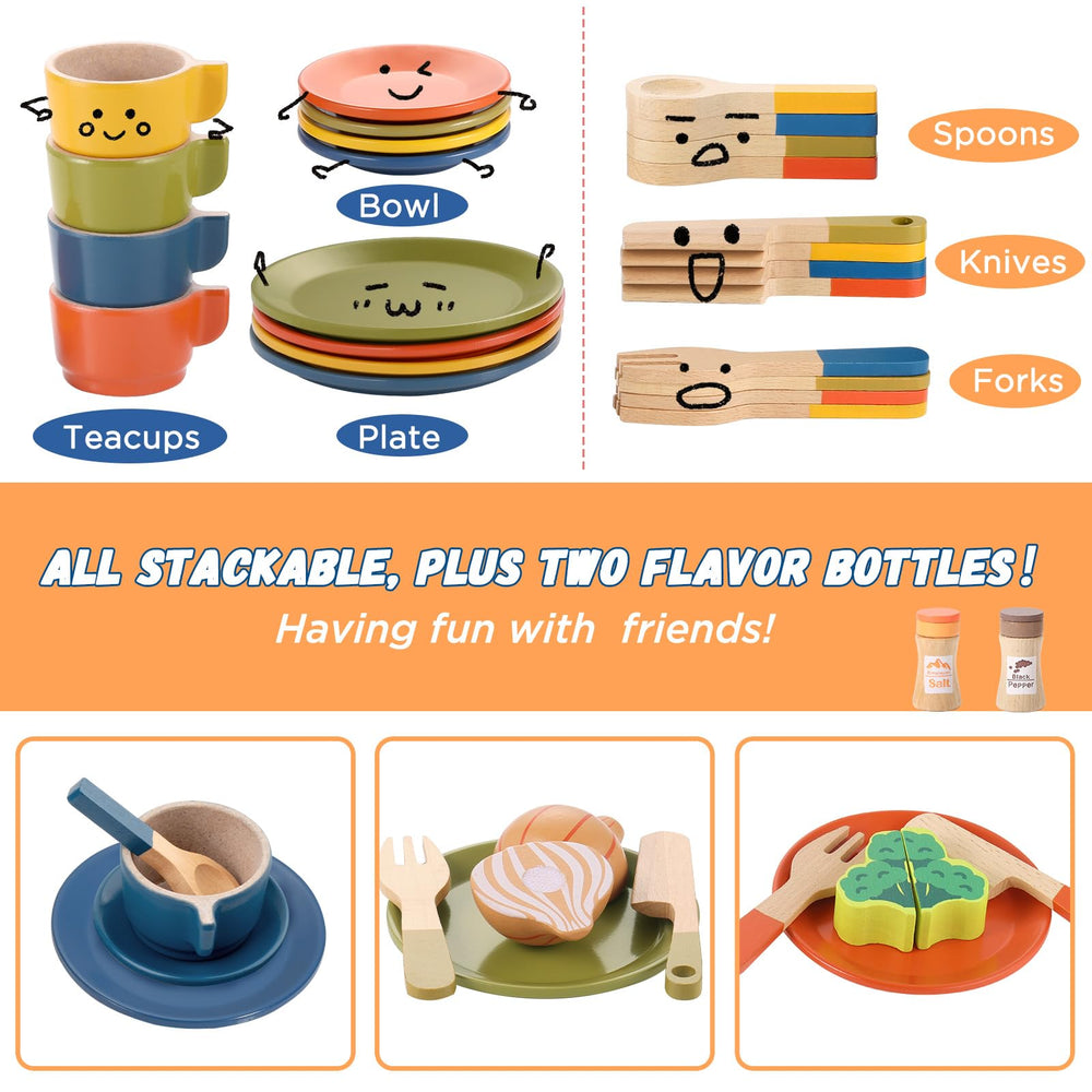 GAGAKU wooden play food saucers invite cooperative pretend dining.