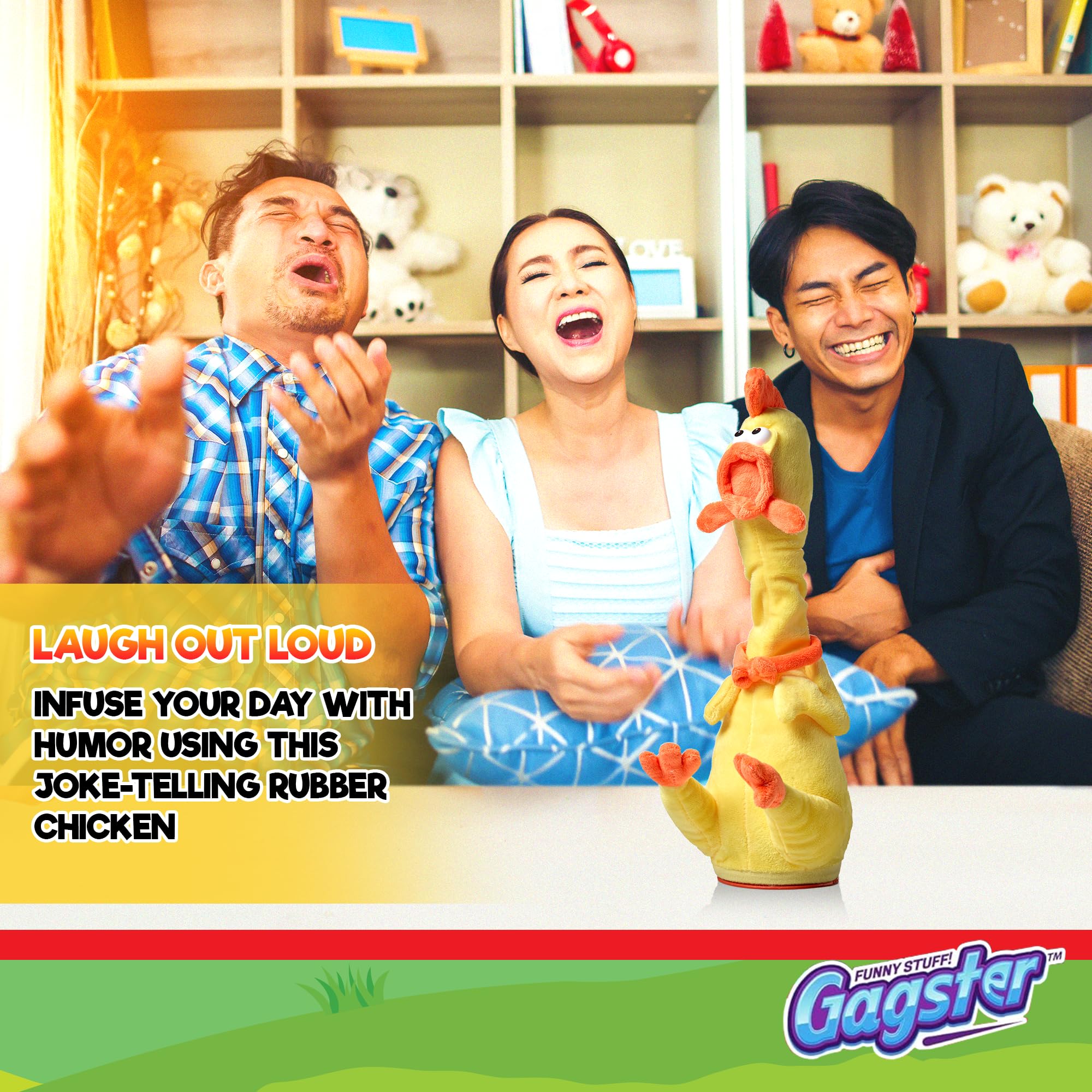 Gagster chicken toy tells jokes to spark laughter at gatherings.