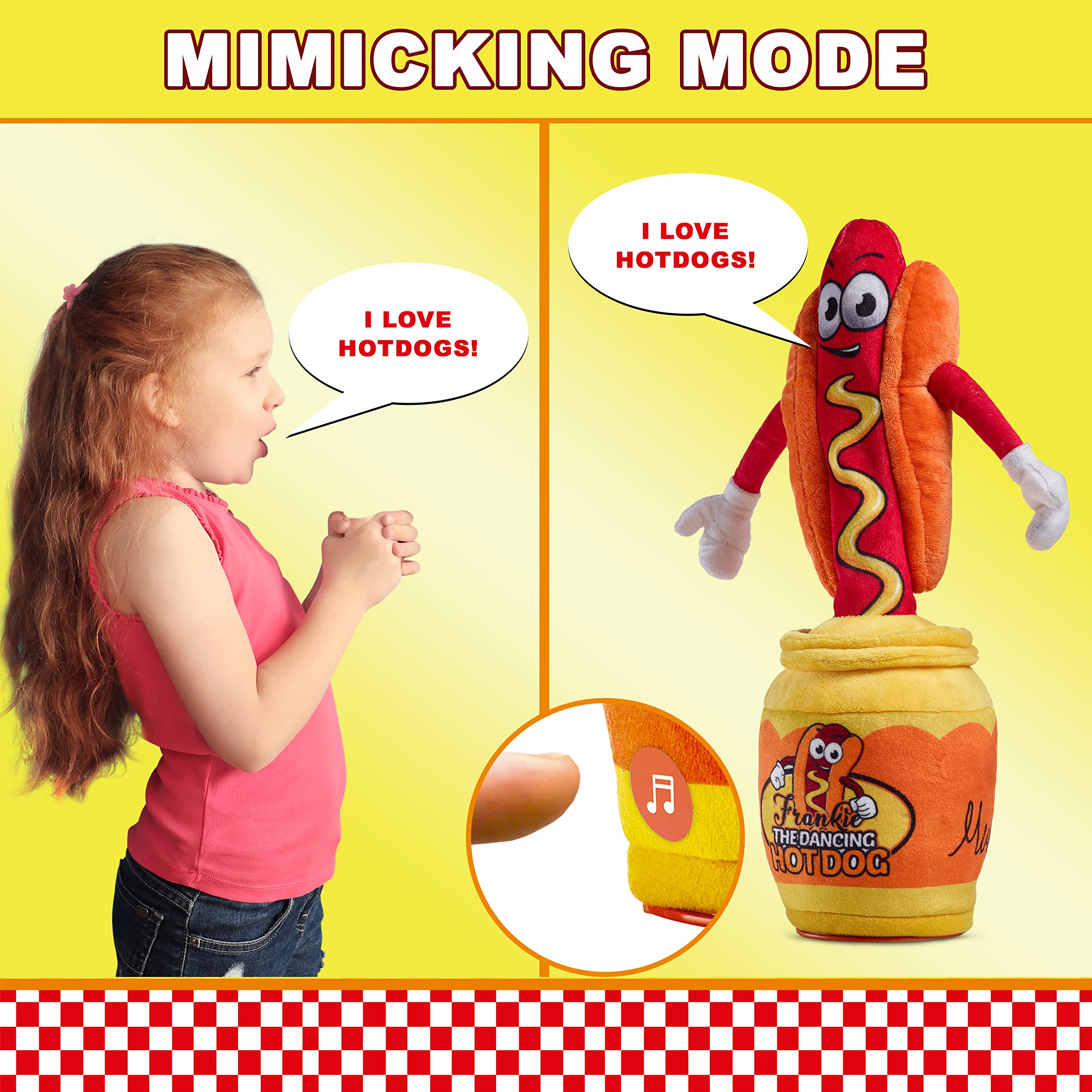 Gagster Dancing Hot Dog tells jokes for giggles and smiles.