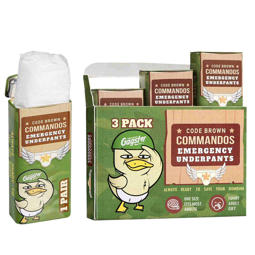 Gagster emergency underpants in tin box show three flexible pairs for instant, humorous practicality