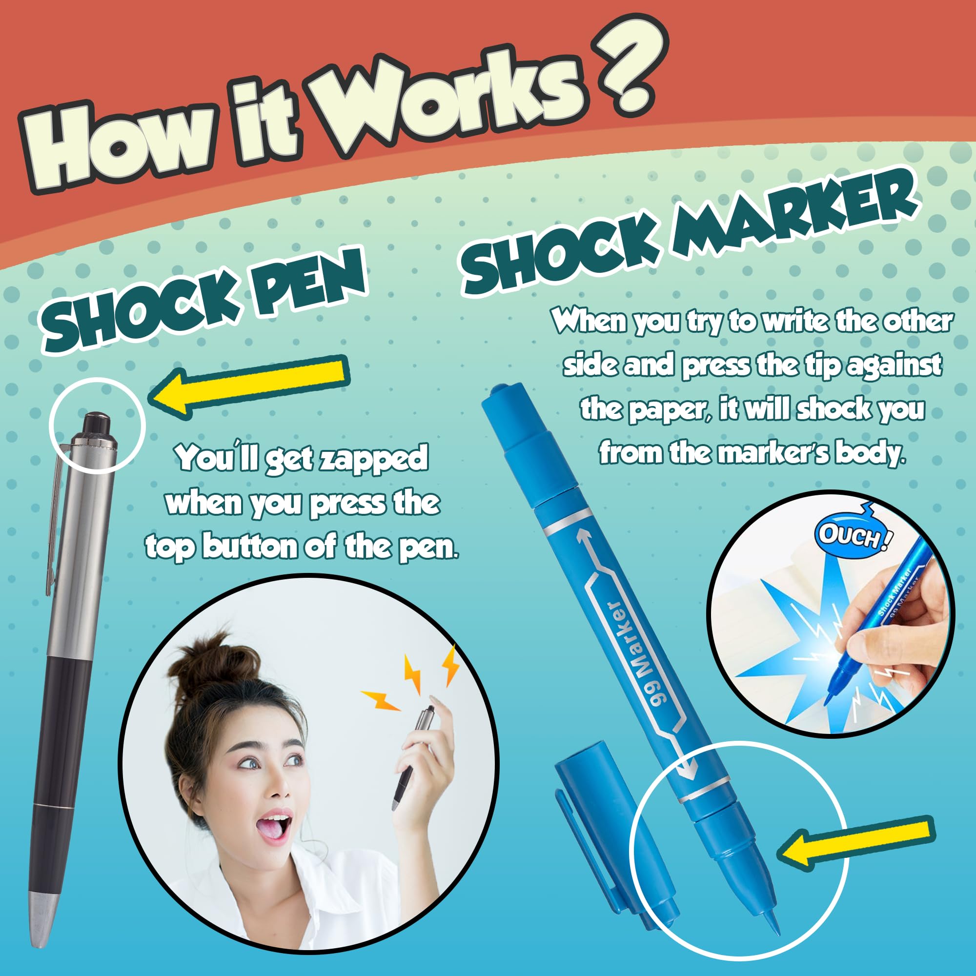 Gagster low-voltage shock adds suspense without harm during pranks.