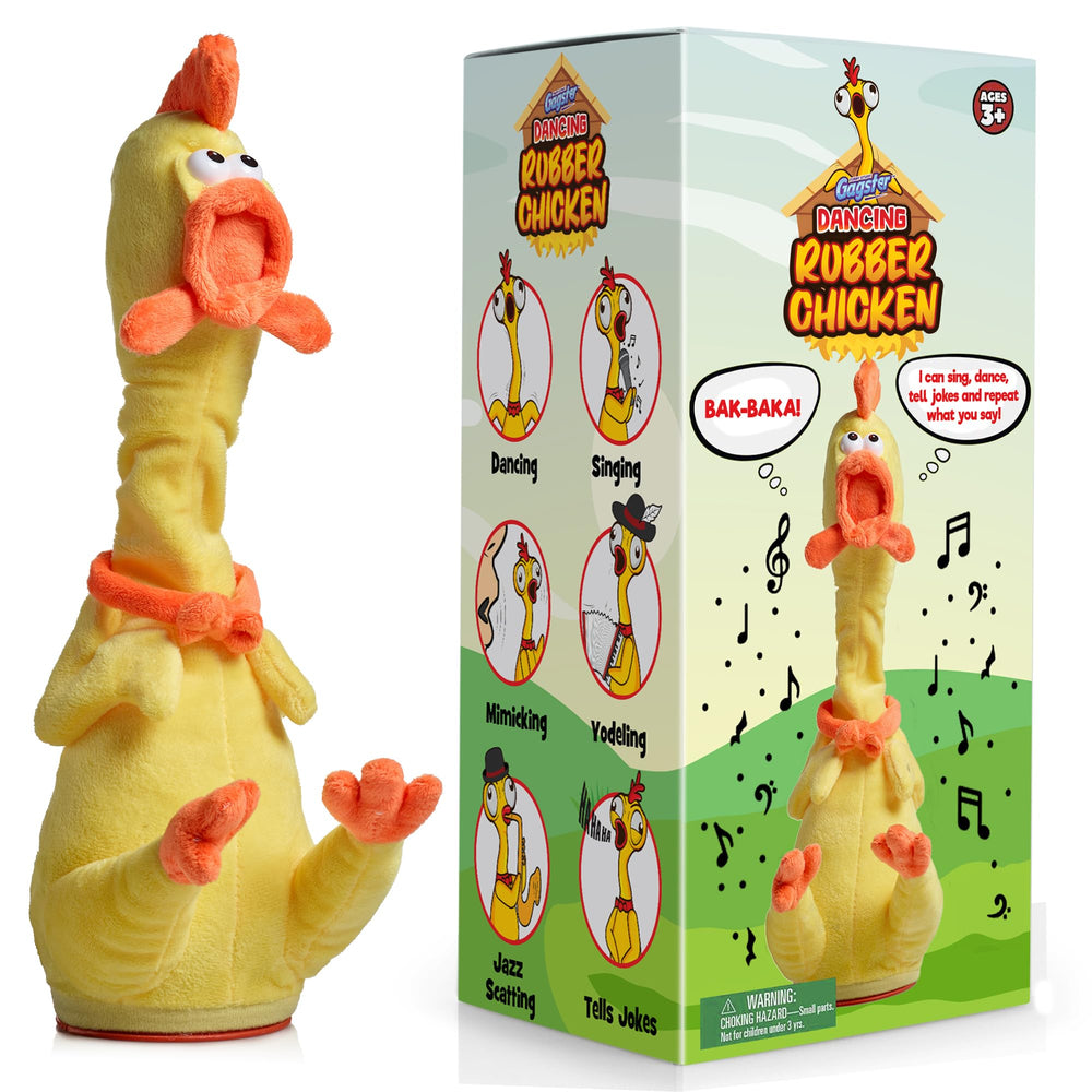 Gagster rubber chicken dancing toy performing lively dance moves for parties.