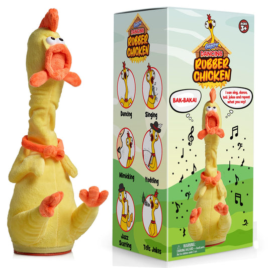 Gagster rubber chicken dancing toy performing lively dance moves for parties.