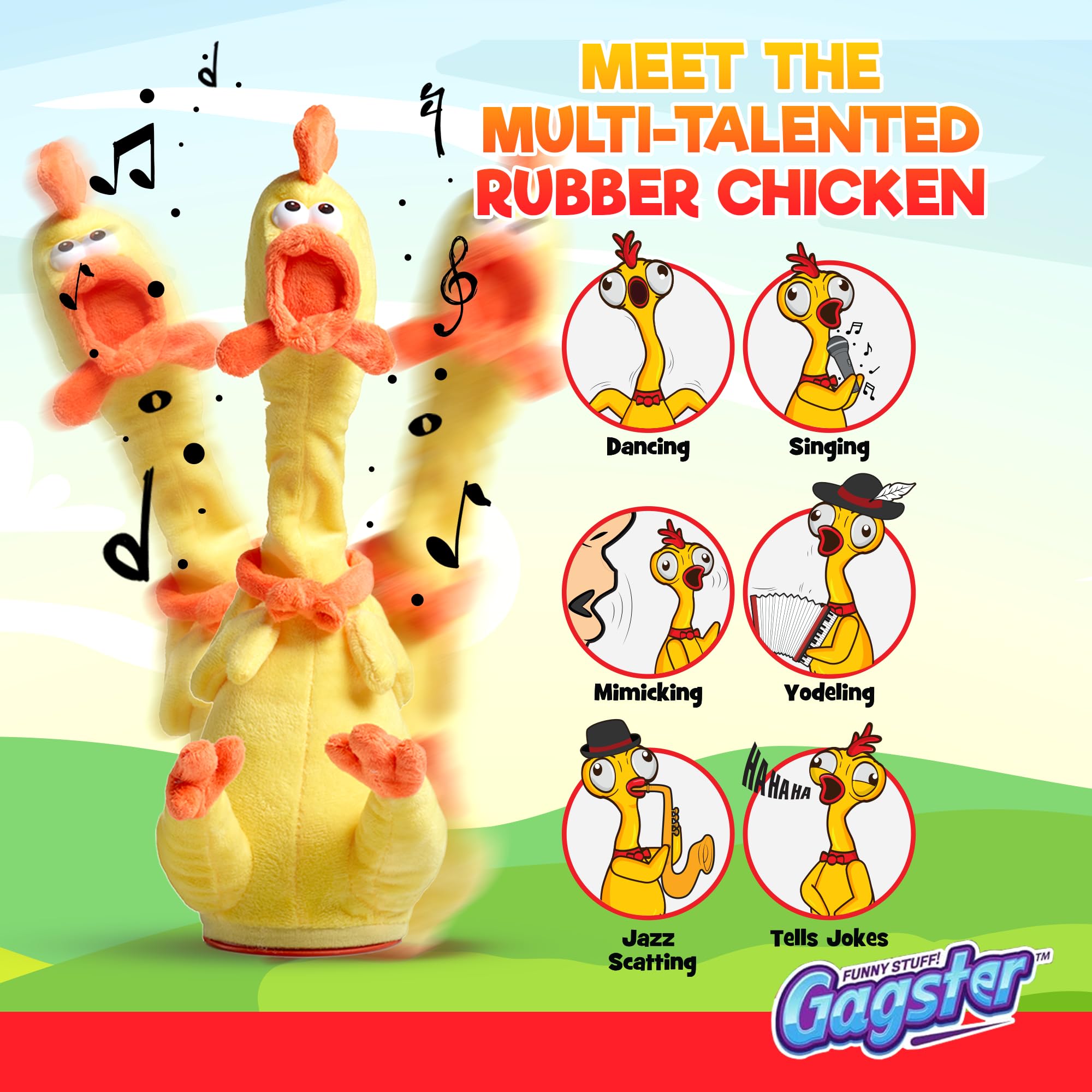 Gagster rubber chicken toy mimics your voice for comedic effect.