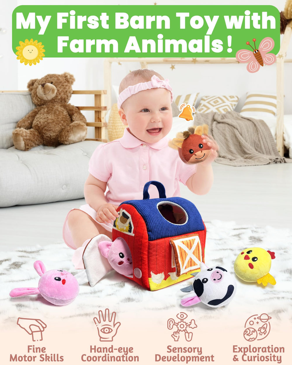 Gagule Farm Barn Sheep plush with gentle squeaks for sensory discovery.
