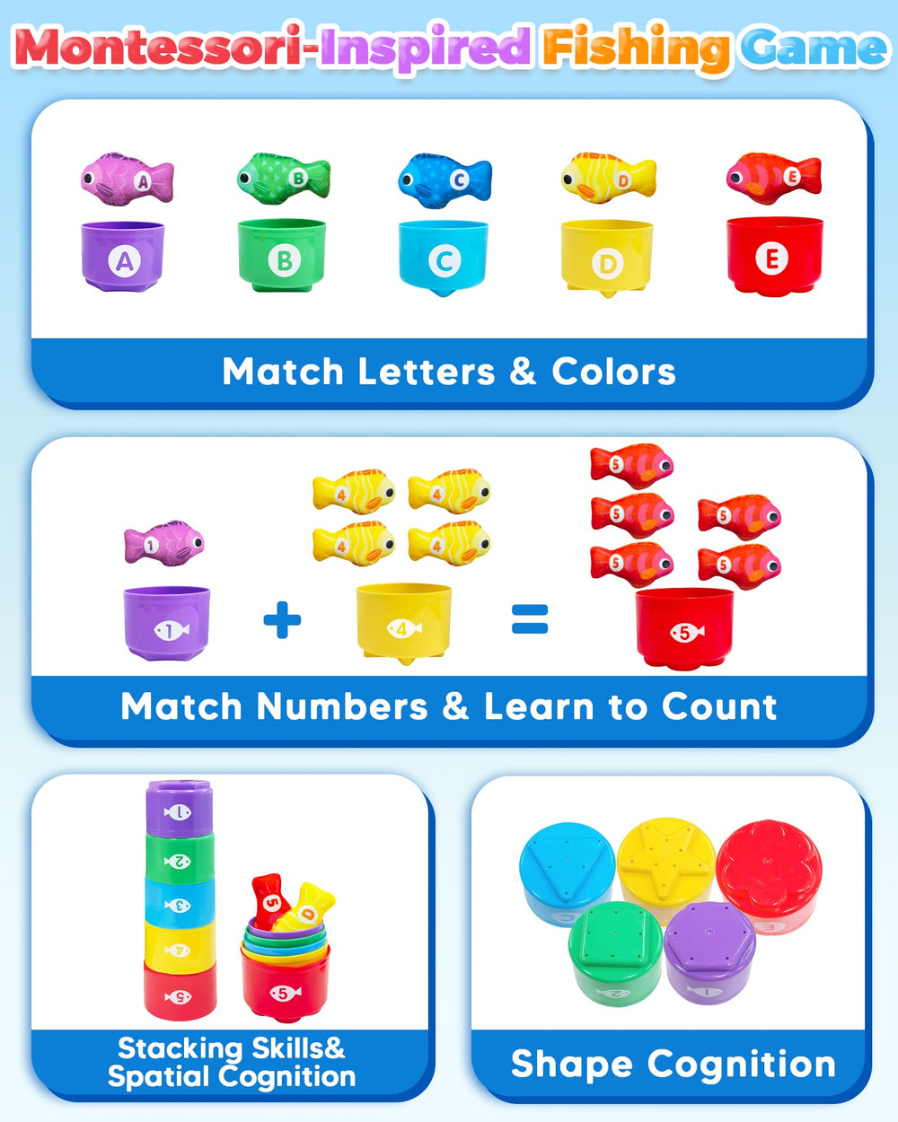 Gagule Montessori fish pieces for color and shape recognition during pretend fishing.