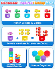 Gagule Montessori fish pieces for color and shape recognition during pretend fishing.