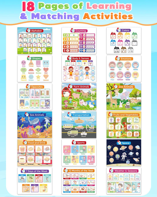 Gagule Toddler Busy Book pages-open view highlights 36 activities for hands-on learning