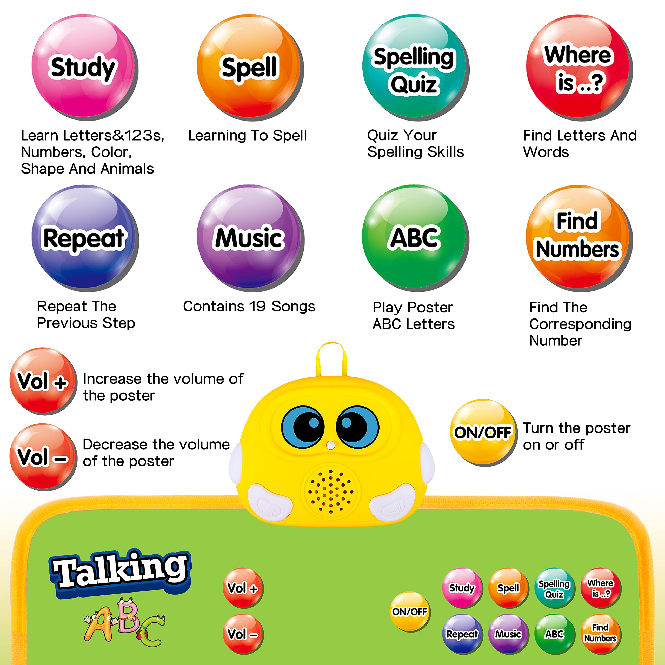 GaHoo talking ABC-123s poster with buttons close-up showing interactive learning prompts.