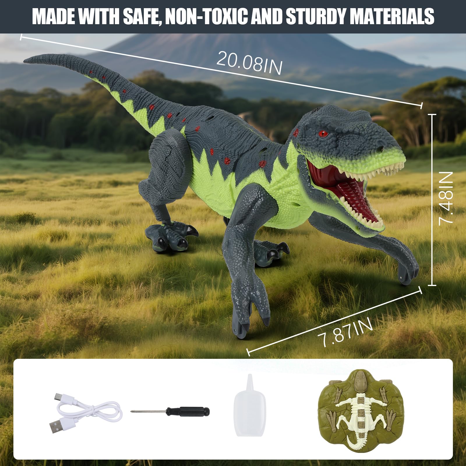 Gaitel dinosaur lights and spray create exciting nighttime adventures.
