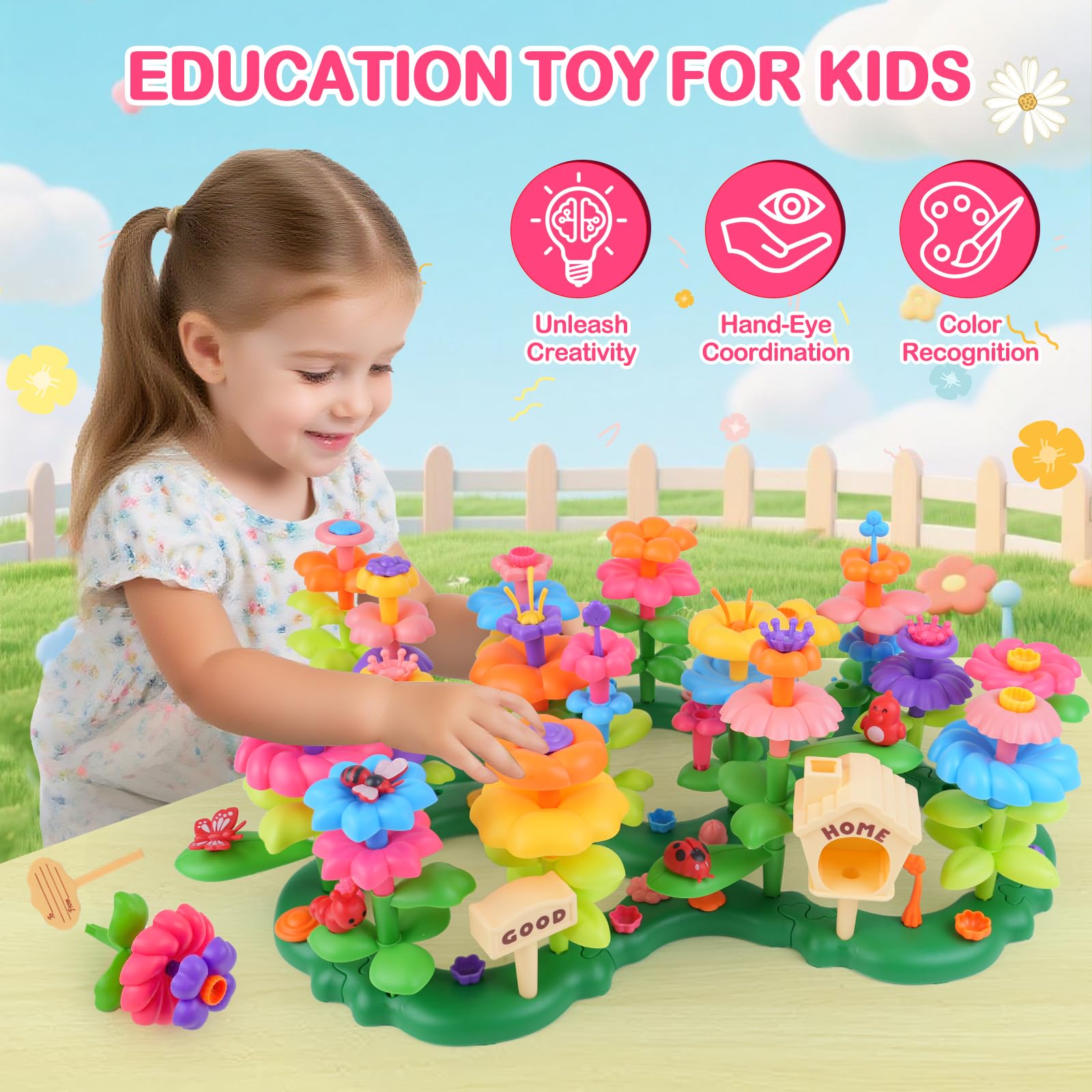 Gaitel Flower Garden storage-box keeps parts organized for easy cleanup after play.
