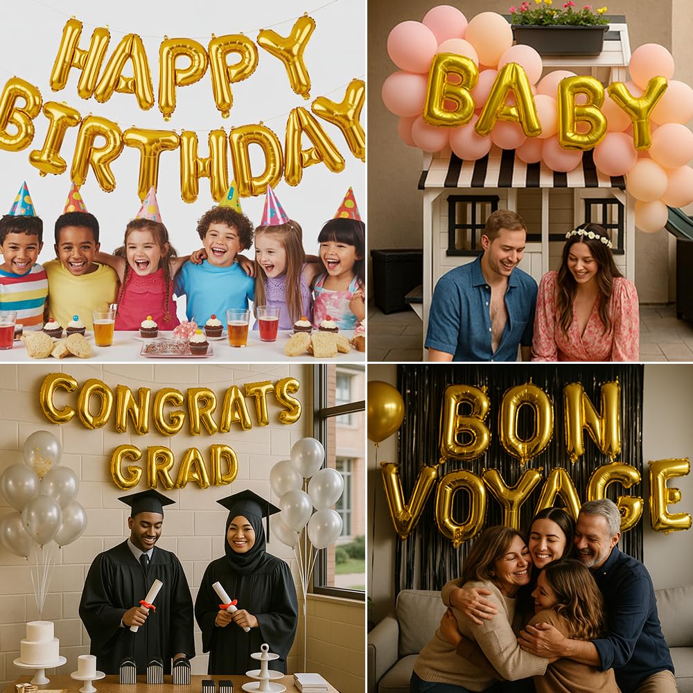 Gala Supplies Instagram-ready balloon setup with gold letter balloons