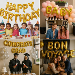 Gala Supplies Instagram-ready balloon setup with gold letter balloons