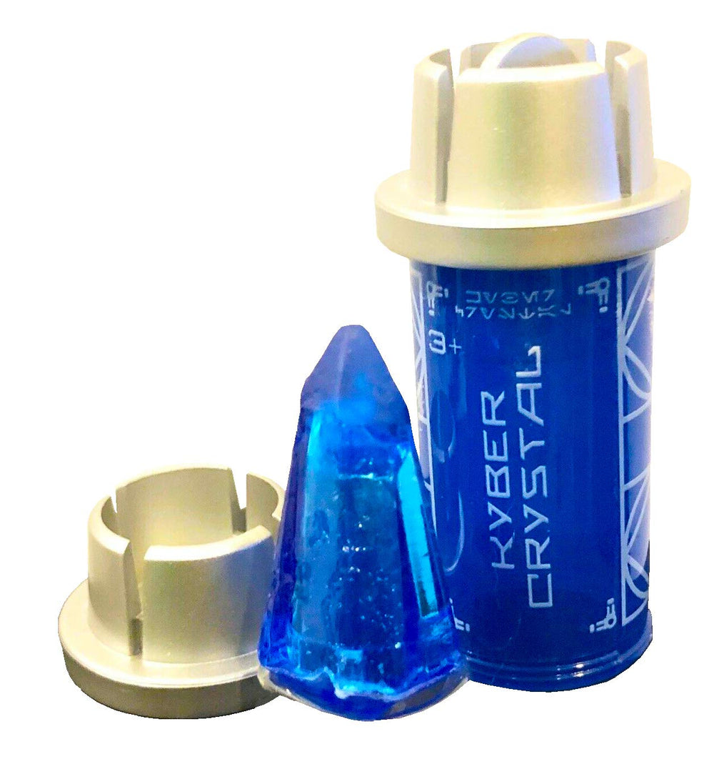 Galaxy's Edge blue kyber crystal with blue glow and potential voices from Obi-Wan and Rey