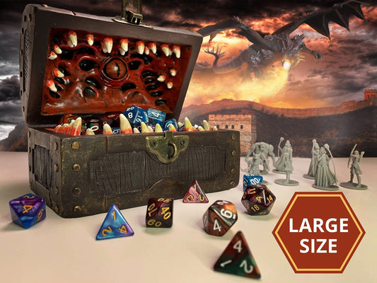 Galdor's Guild Mimic Chest open display for easy access to dice.
