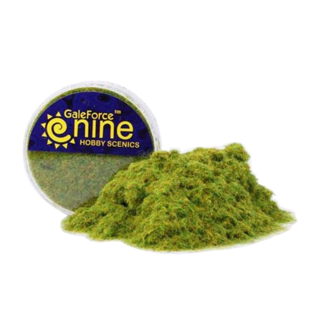 Gale Force Nine Green Static Grass on a hobby round base for quick, realistic basing