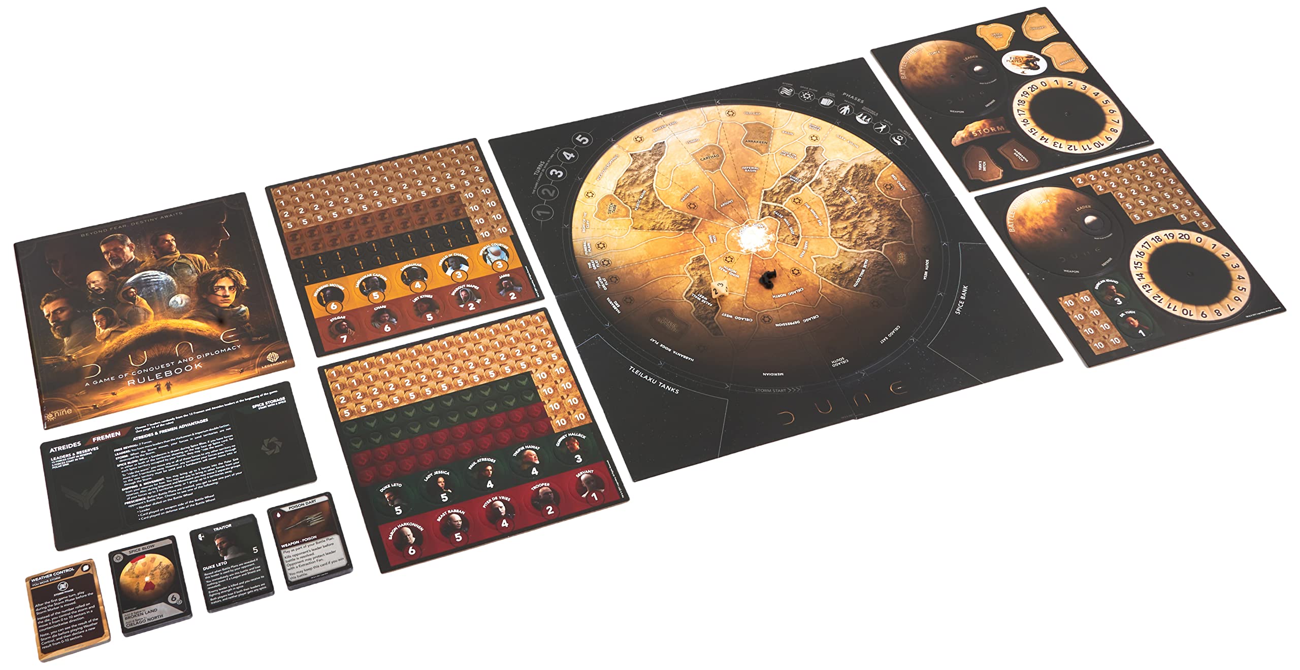 Gale Force Nine Dune components and spice deck emphasize strategic decisions and resource management.