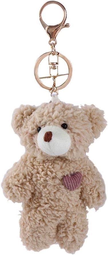 Galepromot brown bear with pink heart plush keychain for backpacks and bags.