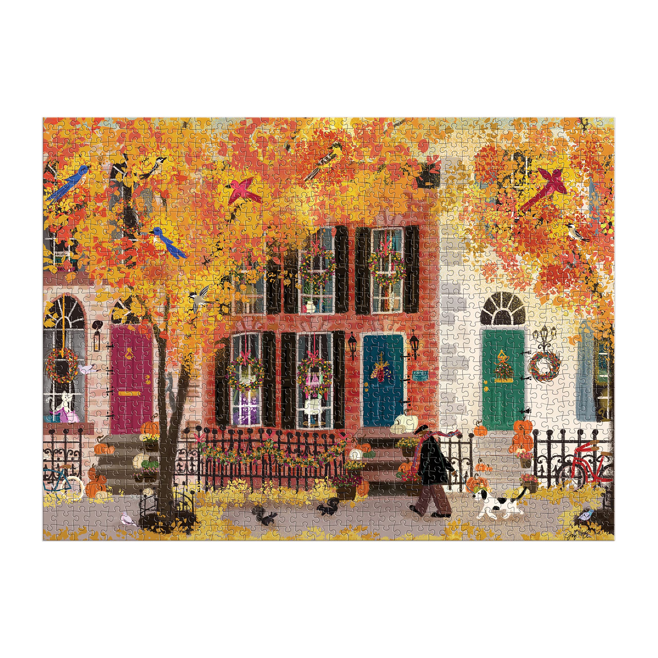 Galison Autumn in the Neighborhood puzzle artwork revealing a cozy fall street scene.